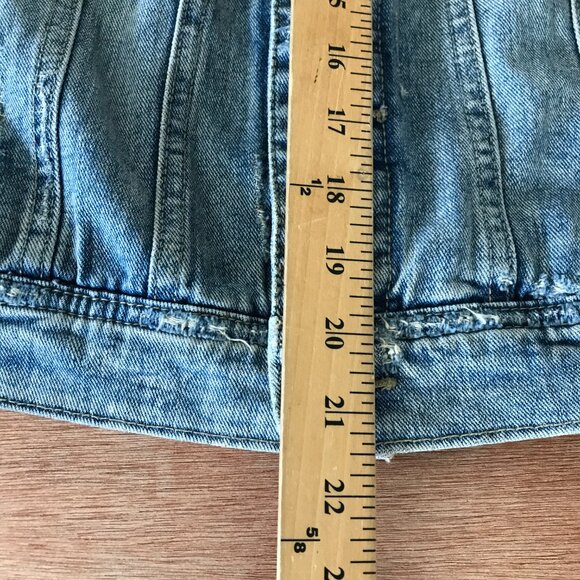 Free People Denim Jacket Women S Blue Hooded Distressed Button Up Long Sleeve - Picture 6 of 13